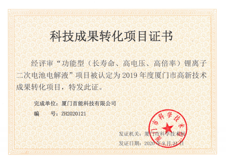 2020年榮獲“科技成果轉化項目證書”